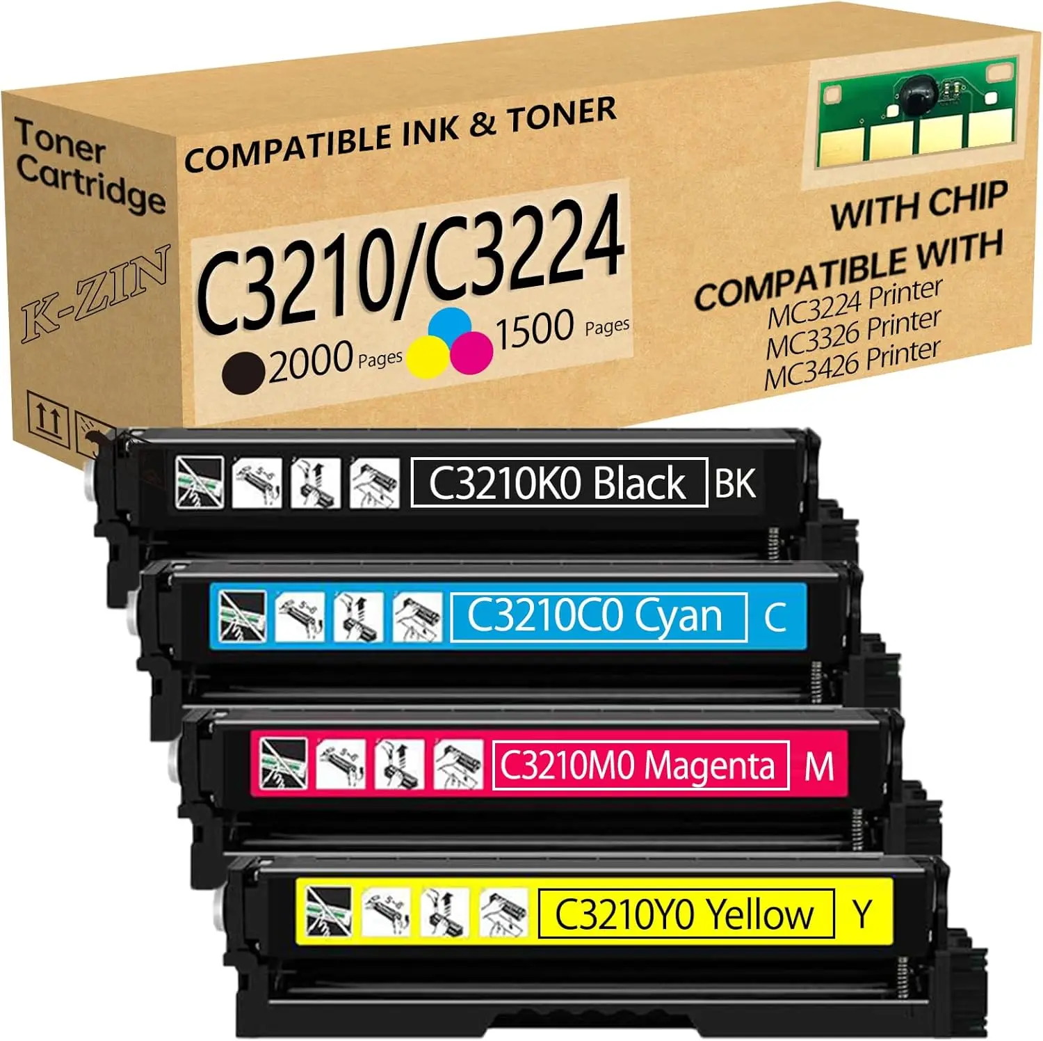 Compatible Toner Cartridge Set with Chip 4-Pack (Black, Cyan, Yellow, Magenta) for Select Printers, 2000 Pages Total, Replacement for C3224 MC3426 MC3326 C3326 C3426, Works with C3210K0 C3210C0 C3210M0 C3210Y0 Models, High-Yield
