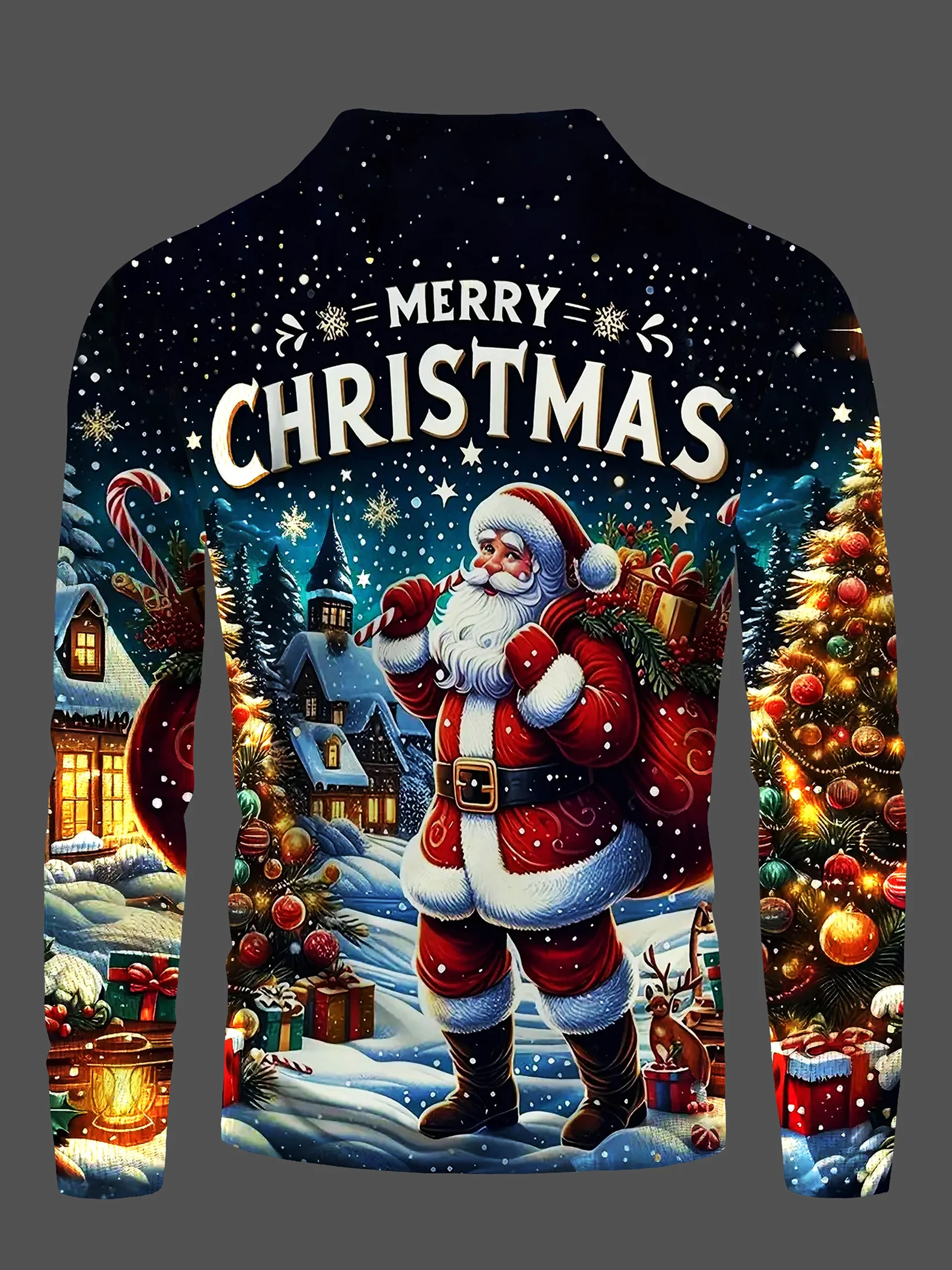 Christmas Snow Scene Santa Claus Printed Men's Half High Collar Long Sleeve T Snowflake Candy Stick Holiday Casual Top