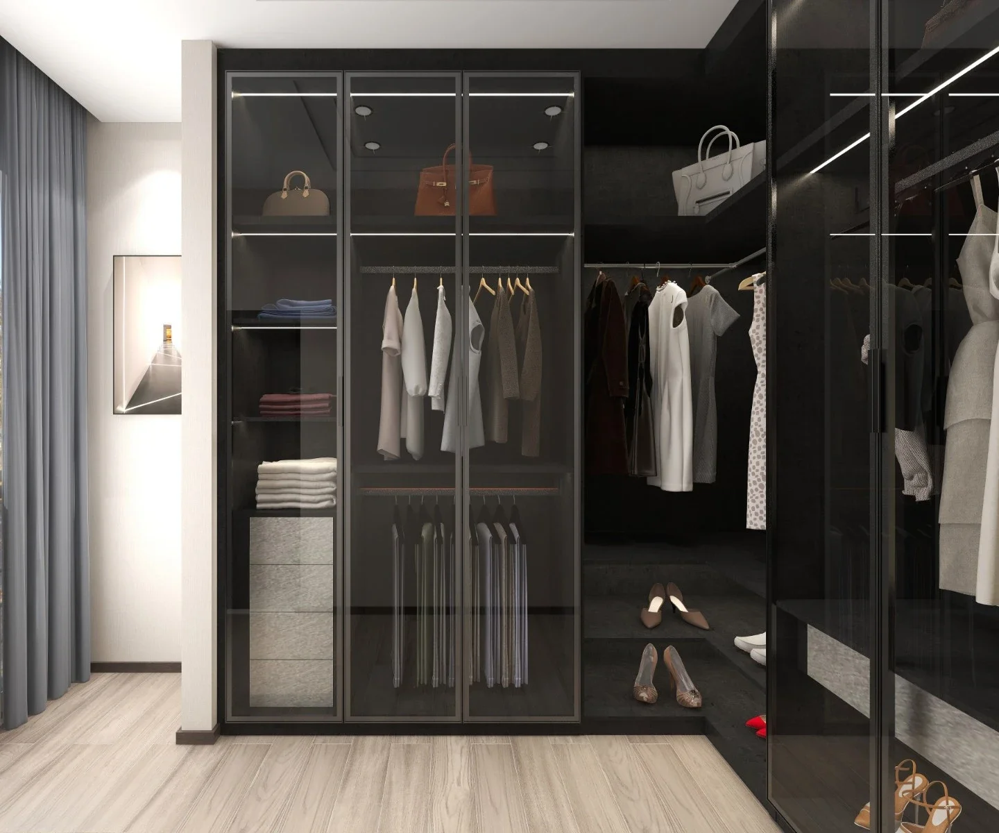 #Latest Design Customize Tempered Glass Wardrobe Dressing Room Cabinet Walk-in Closet Storage Cabinets