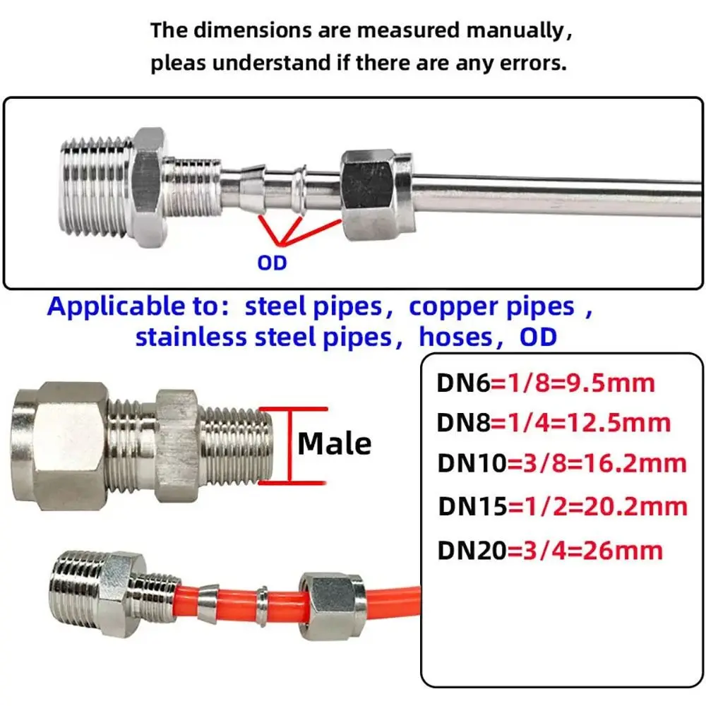 1 قطعة 1/8 "1/4" 3/8 "1/2" ذكر الموضوع إلى 3-16 مللي متر OD تركيب سريع الفولاذ المقاوم للصدأ مزدوج الطويق وصلة أنبوب 304 SS