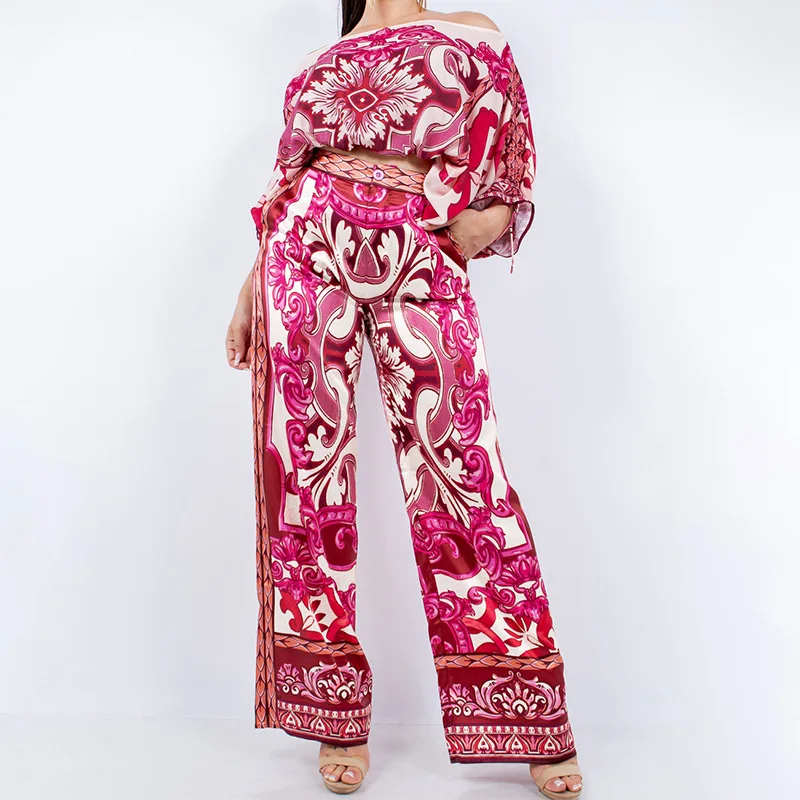 

Faionable Print oulder Bared Long Sve Women's Set Spring Summer High Waist Long Pants Comfortable Commute Polyester