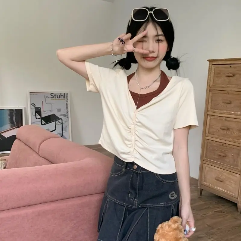 

Summer New Korean Style Simple Style Solid Color Halter Neck Short Sleeve T-shirt Fake Two Piece Women's Top