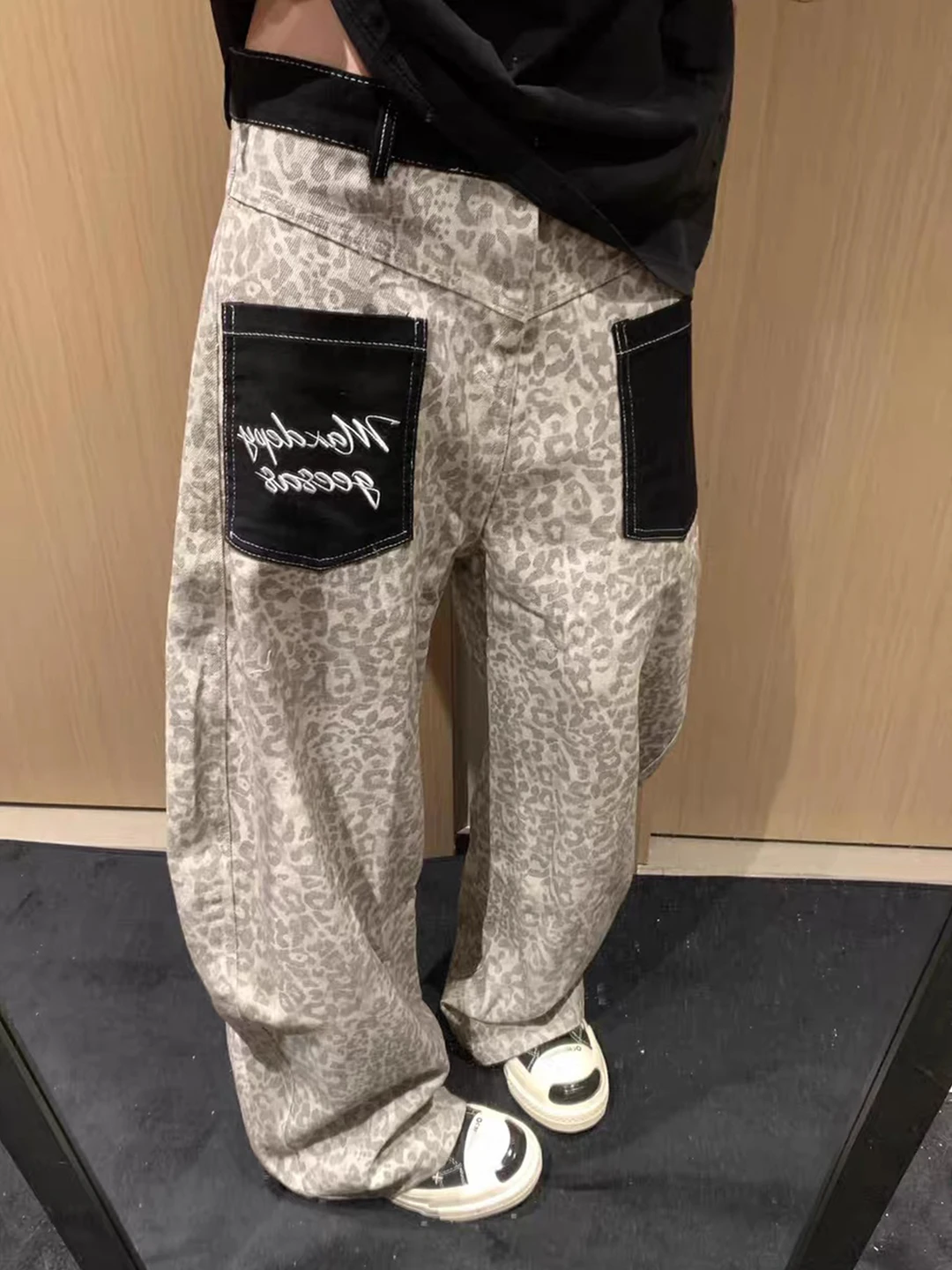 Bkdd Leopard Print Curved Knife Denim Jeans Women's American Style Patch Pocket Design Baggy Straight Leg Wide Leg Pants