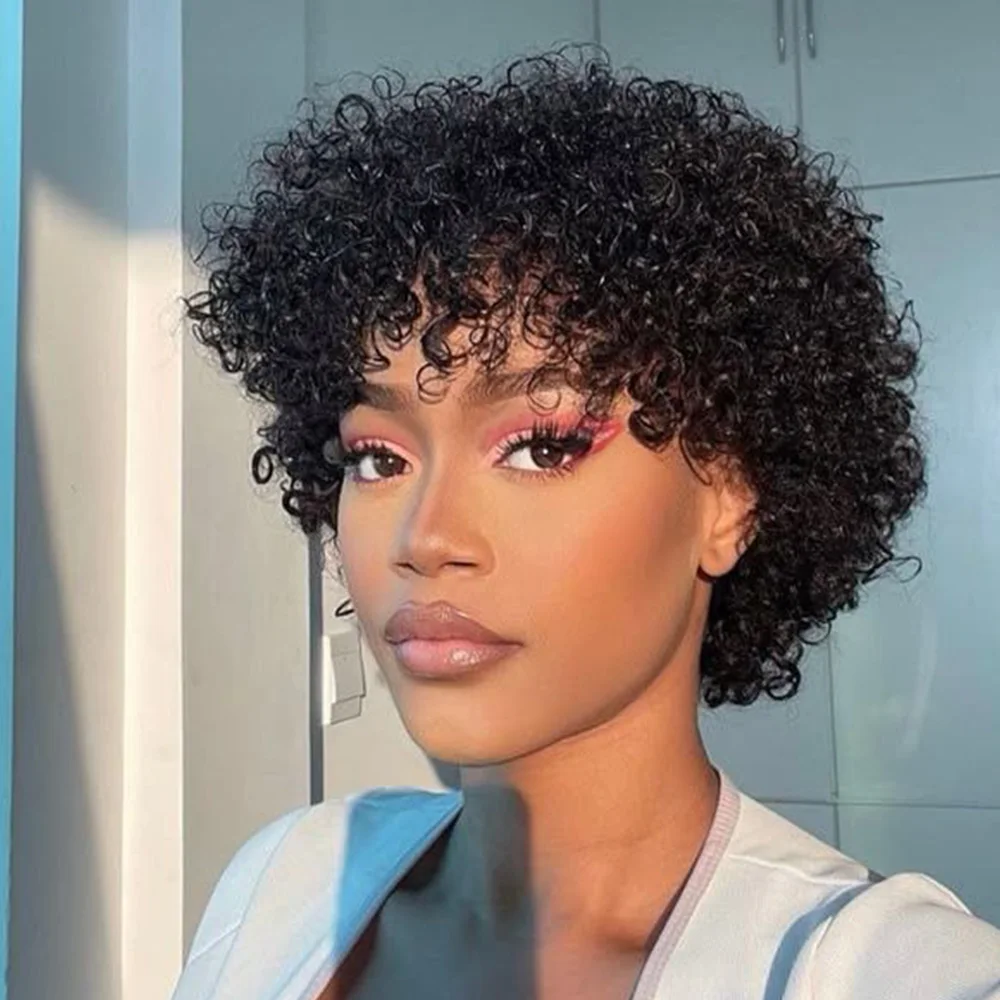 Peruka Afro Kinky Curly, afrykańska kręcona peruka wykonana w całości maszynowo z grzywką, krótka, sprężysta peruka bob z grzywką.