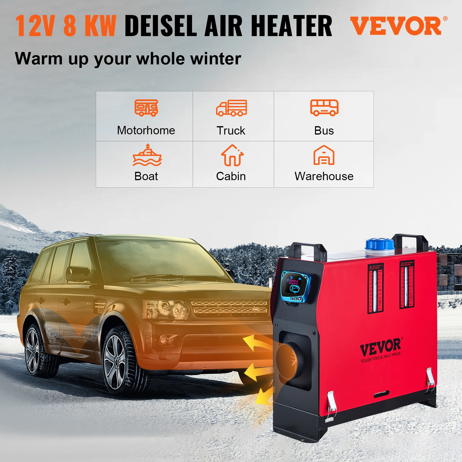 VEVOR 8KW Diesel Air Heater All in One Car Diesel Heater 12V Parking Heater Silencer with Bluetooth LCD Switch for Car RV Truck