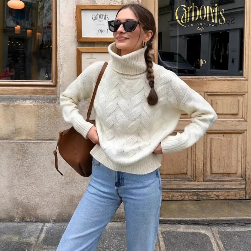 

Women Y2k Sweaters Knitted Pullovers Jumpers Turtleneck Long Sleeve Short Loose Office Lady Elegant Casual Autumn Winter 2025