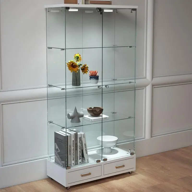 خزانة عرض زجاجية حديثة مع درجين كبيرتين، رف عتيق سهل التجميع مع أضواء LED، رف كتب من الزجاج المقسى، #2