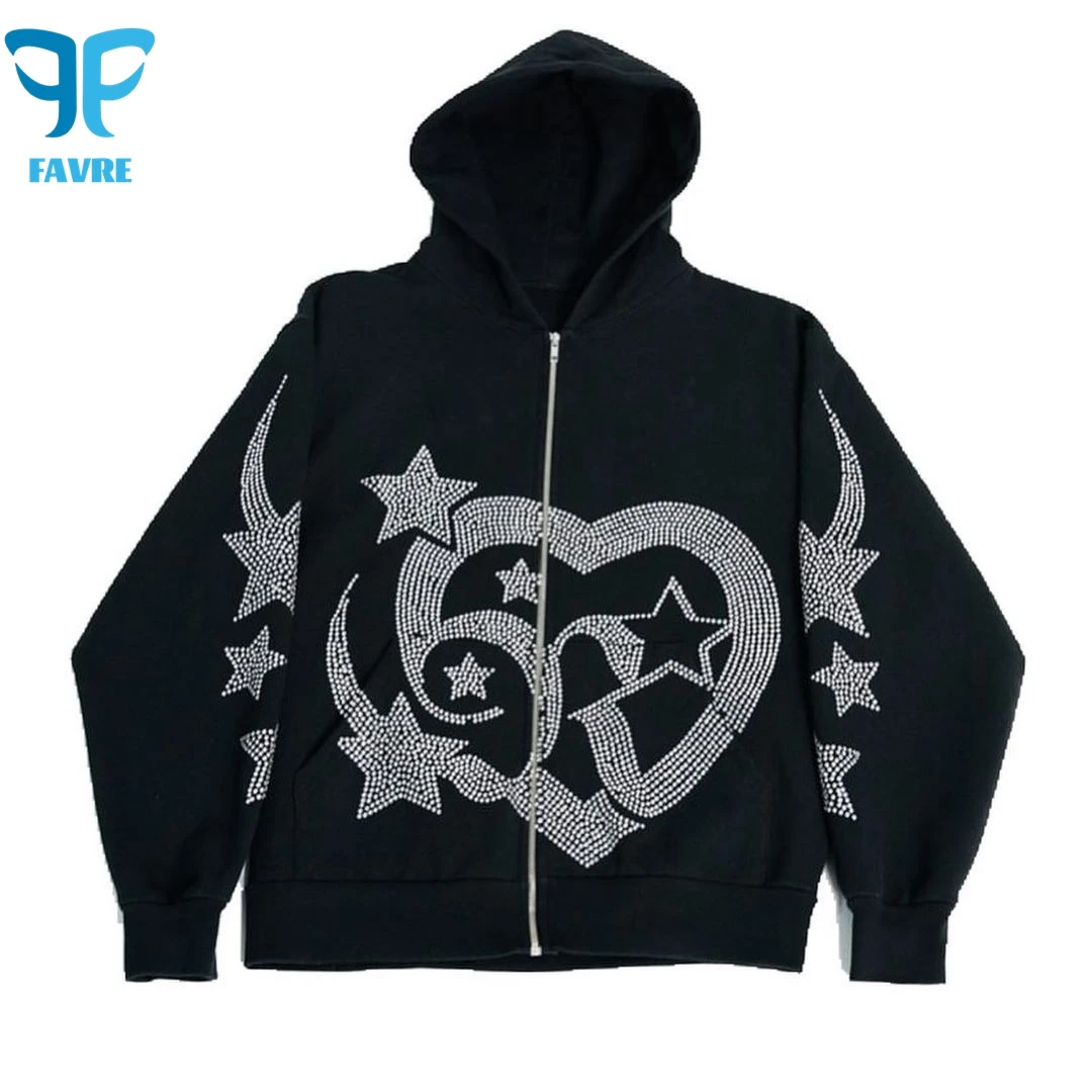 FAVRE Star Love Rhinestones Sweatshirts Ins Men Casual Print Hoodies Spring Women Cardigan Y2K Europe and America Loose Outwear