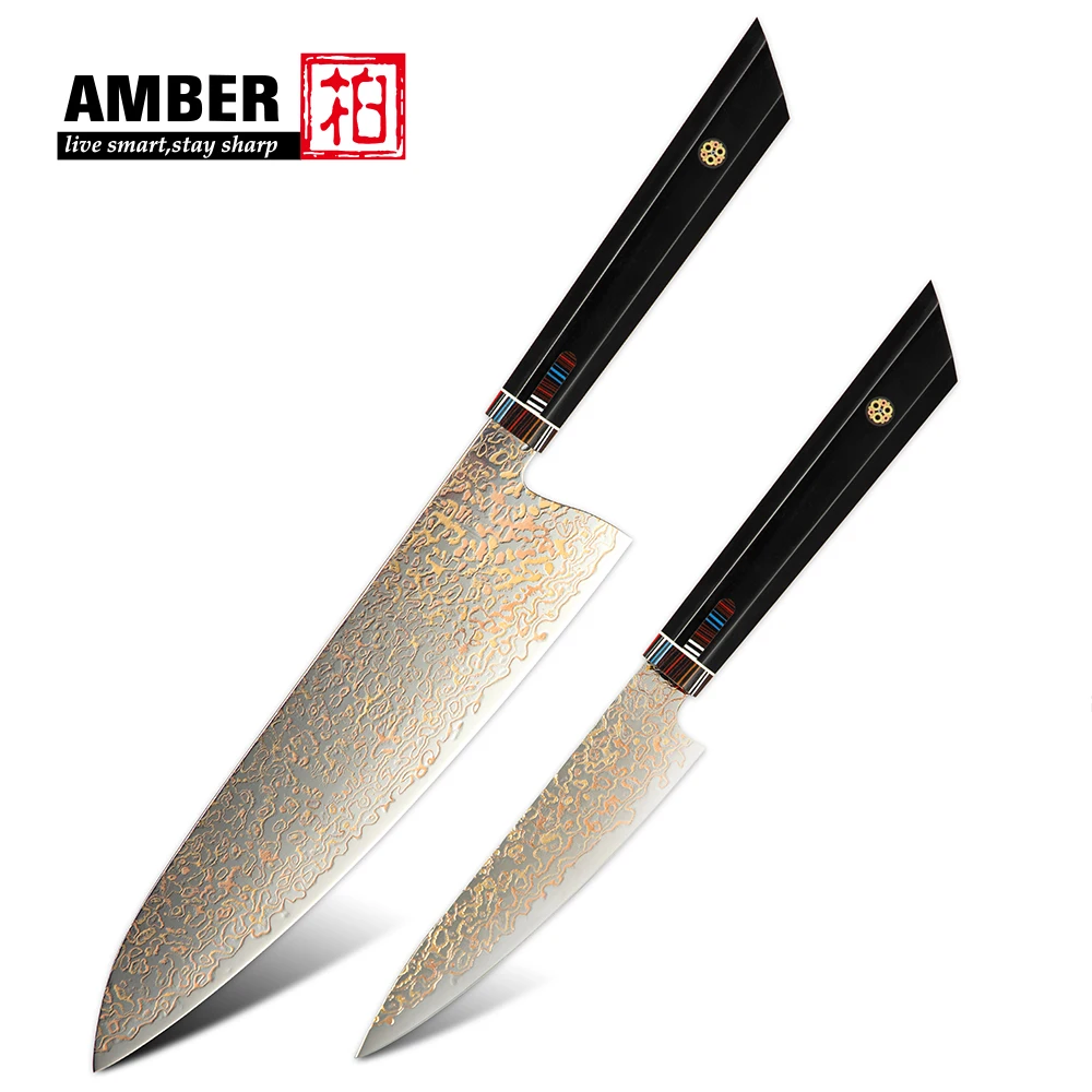 Amber New Arrival Three-color Copper 37 layers Damascus Steel VG10 Mirror polished blade Kitchen Santoku chef Knife Set Resin HD