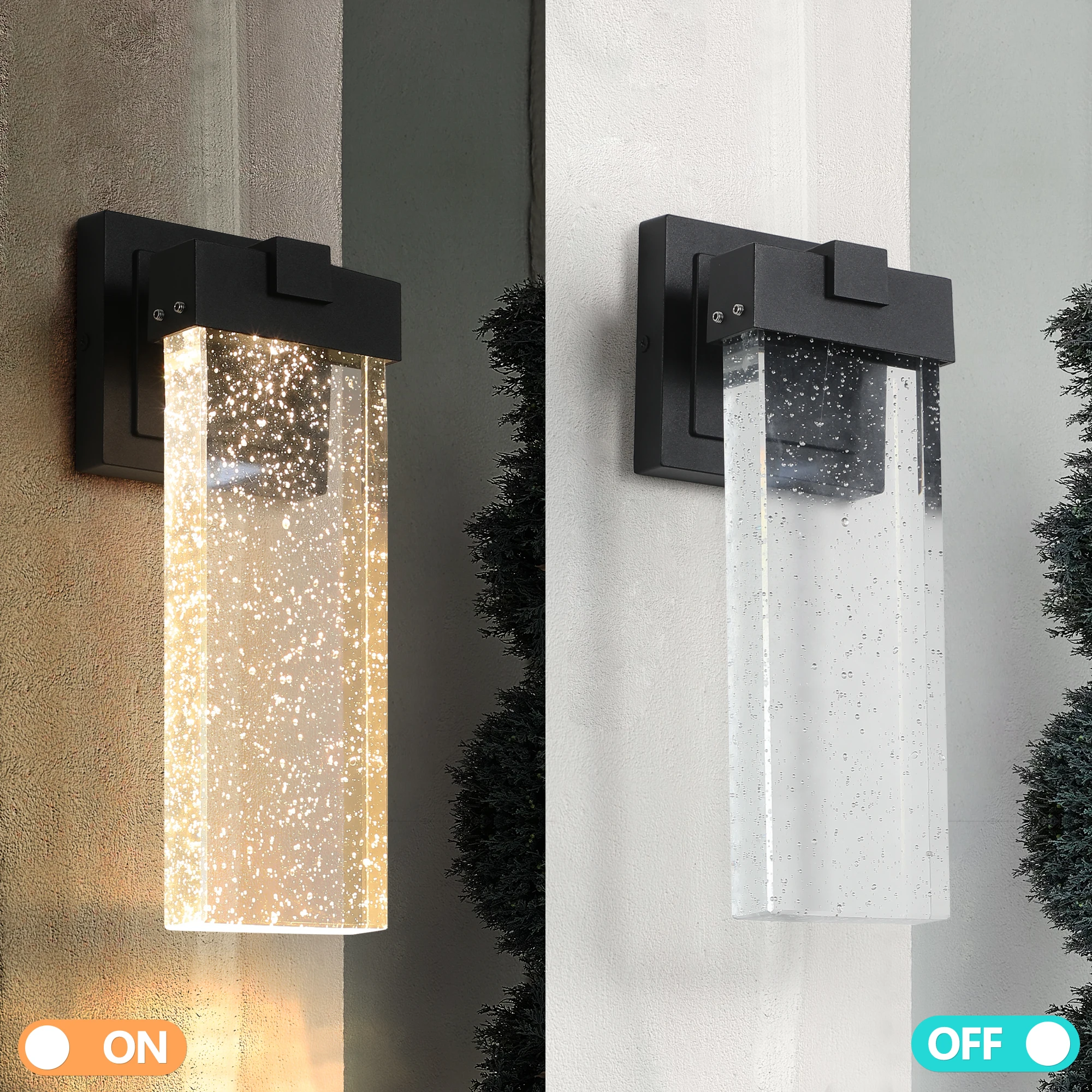 Modern outdoor wall light with light sensing, black LED wall light with bubble glass, waterproof external lighting (2 pack)