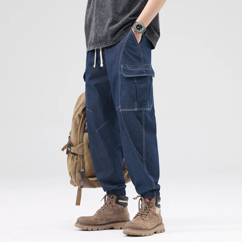 

Men's Drawstring Waist Cargo Pants Denim Jeans Joggers, Multi-Pockets, Cotton, Casual Loose Trousers, Male Jogging, Autumn