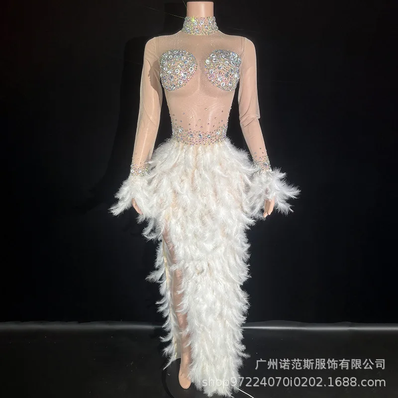 High Sense Witte Zwaan Temperament Taille Veren Jurk Zanger Prestaties Mode Zingen Kleding Jaarvergadering Jurk Abendkleid