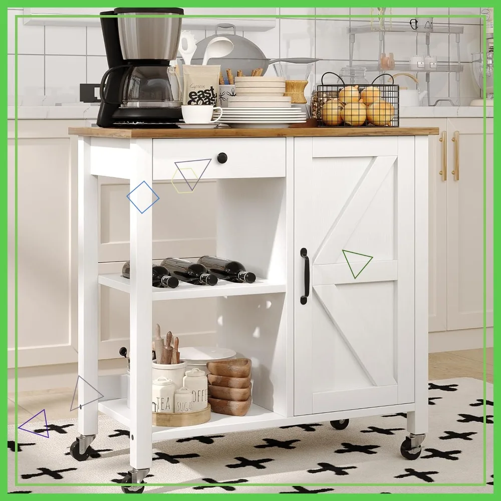 

White Farmhouse Kitchen Island Cart with Storage, Wheels & Wine Rack - Microwave Stand, Coffee Bar for Small Spaces