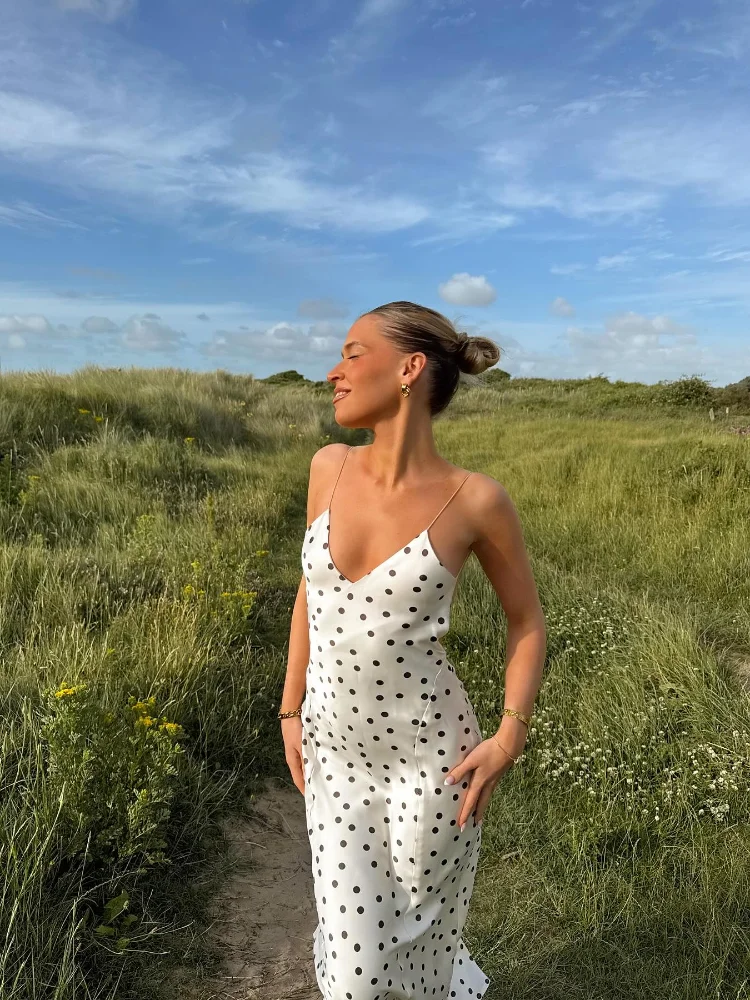 Vrouwen Polka Dot Midi Slipdress V-hals Afslanken Taille Cinching Jarretel Lange Jurken Elegante Backless Vakantie Vrouwelijke Gewaden