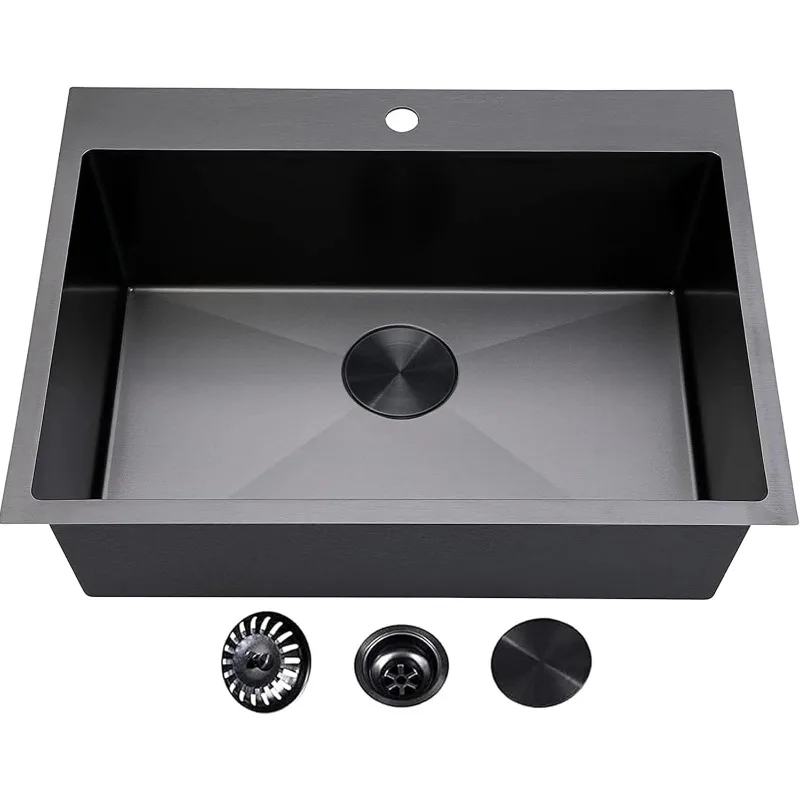 33 Inch Black Drop in Kitchen Sink,33x22 Inch Gunmetal Black Single Bowl Stainless Steel Basin Topmount Kitchen Sink