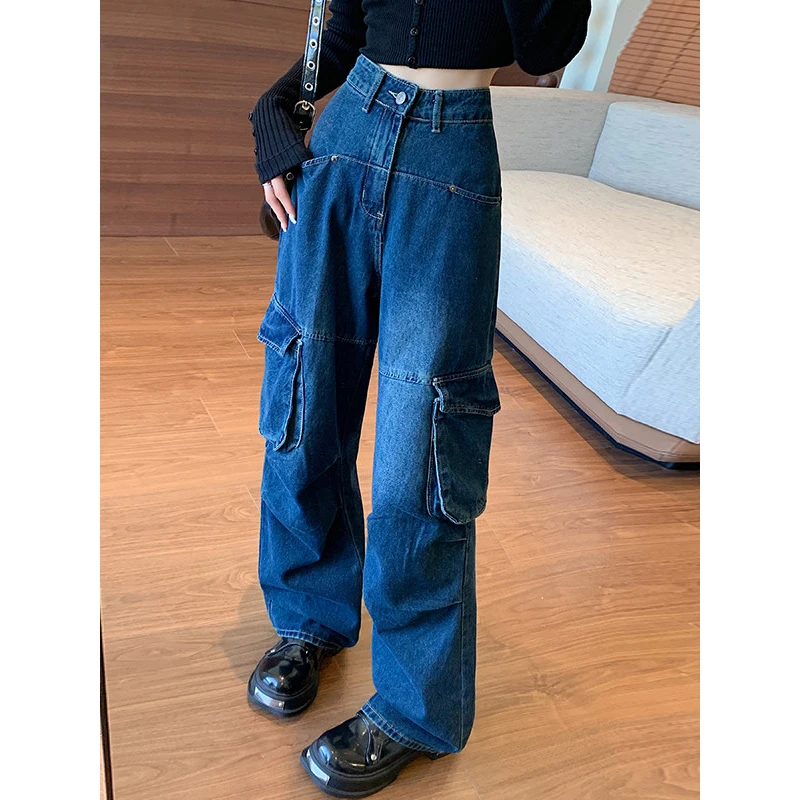 Multi-pockets Women's Jeans 2026 Spring 100% Cotton American Style High Street Cargo Pants High Waist Casual Wide Leg Trousers