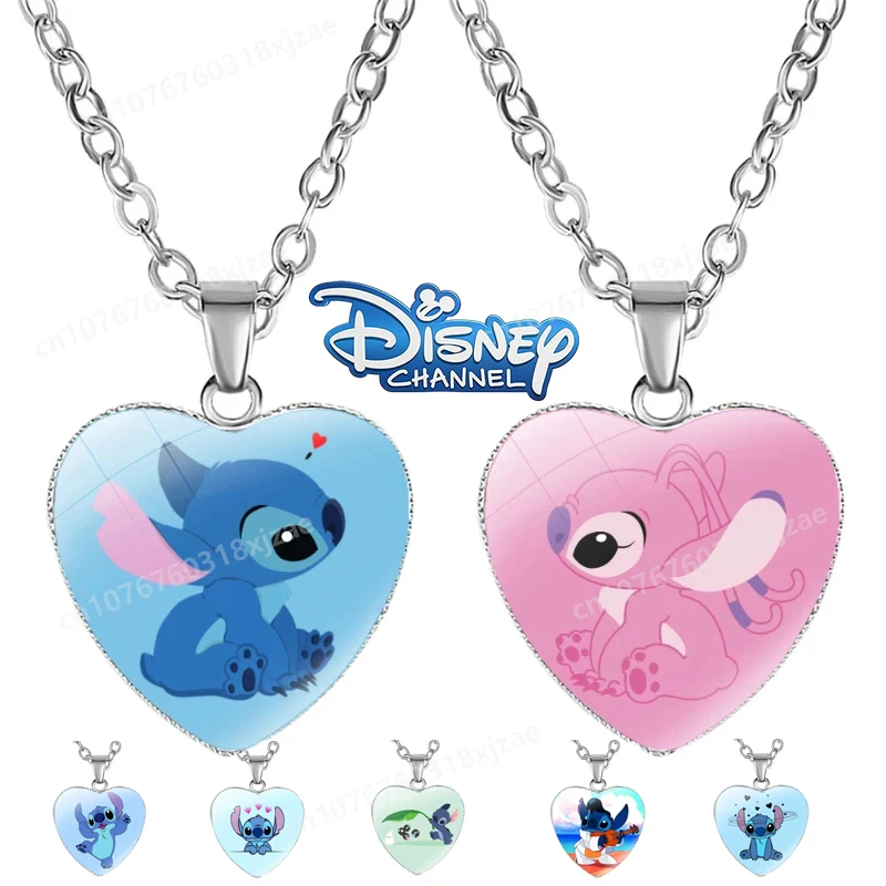 Stitch Heart Shape Necklace Disney Cartoon Figure Kawaii Photo Printed Glass Chain Pendant Kids Jewelry for Girls Birthday Gifts