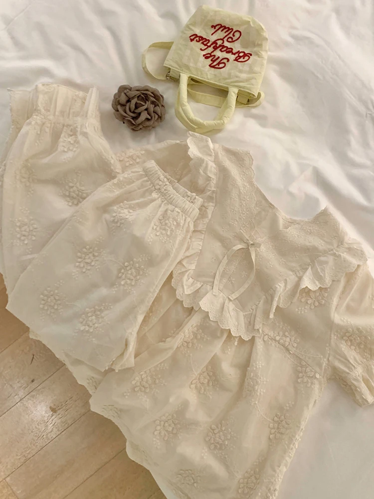 Summer New Retro Elegant Palace Style Lace Long Sleeve Pajamas Sweet Girl Comfortable Soft Casual Homewear Set
