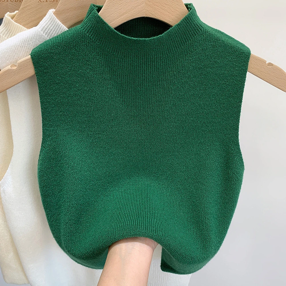 2024 New Women Girls Sweater Camisole Knitted Cropped Solid Warm Tees Tops Tank Vest T-Shirt Women Half-turtleneck O-Neck