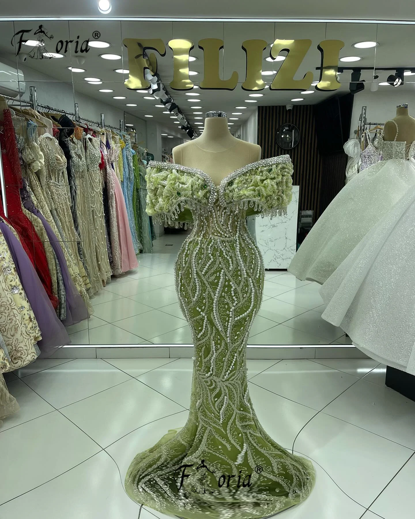 Vestido de noite sereia com borlas, pérolas verdes, pedras frisadas, comprimento do chão, elegante vestido de baile, primavera, 2024