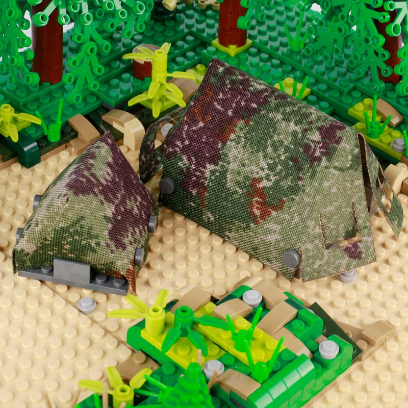 MOC Modern Military Camp Fabric Tent Building Blocks Army Sentry Oil Drum Barricade Camouflage Coat Soldier Weapons Bricks Toys