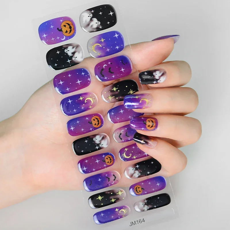 Halloween Pumpkin Ghost Glitter Semi Cured Gel Nail Strip Sticker UV Lamp Cured Adhesive Nail Gel Polish Wraps Full Nail Decals