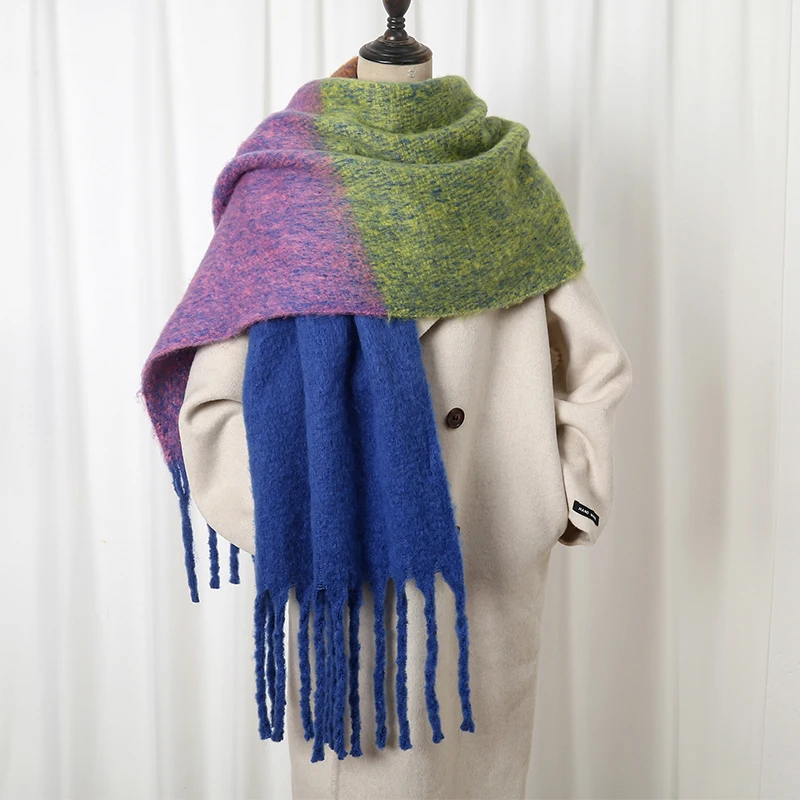 

Écharpe à carreaux en cachemire pour femme, châle chaud, col épais, enveloppe Hijab, Pashmina, pompons floraux, nouvelle