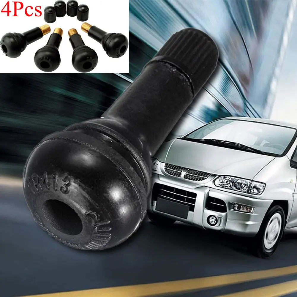 4Pcs Black Snap-In  Rubber  Brass Cap TR413  Tire Valve Stem Car Tyre