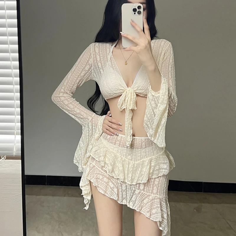 

Summer Fairycore Bikini Set Woman Four Piece Solid Ruffles Lace-up Swimwear With Cover Up Beach Holiday Cloth Female Swimsuits