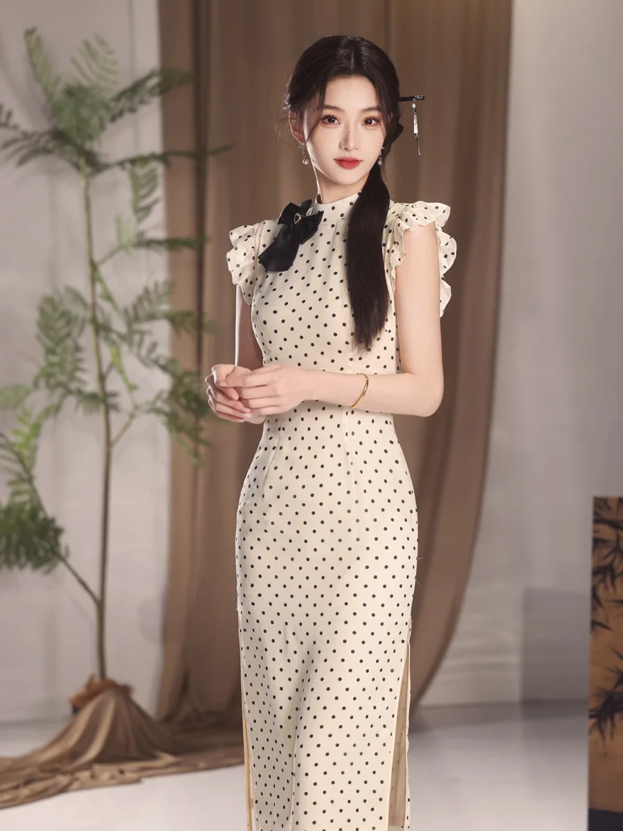 

Polka Dot Petal Sleeve Bow Chiffon Double layered Qipao 2024 Summer Retro Republic Daily Cute Cheongsam Dress