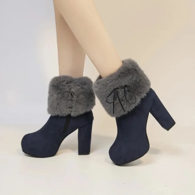 Womens Platform Ankle Boots Faux Fur Warm Winter Block High Heel Snow Thick Sexy Shoes Plus Size 4Colors New 2024