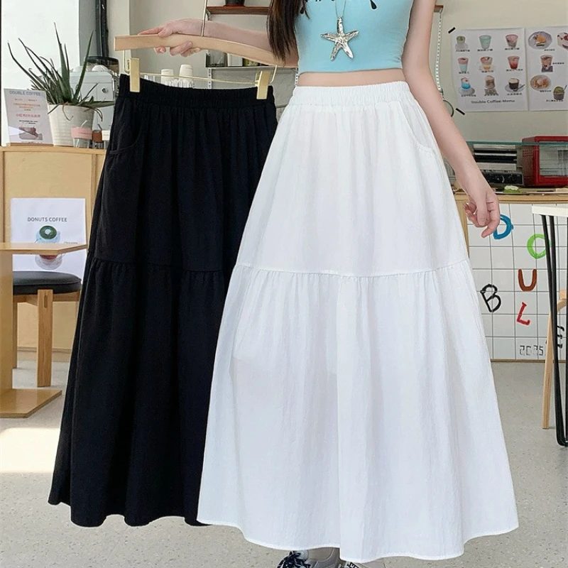 

Plus Size Skirts Women Summer 2025 New High Waist A Line Skirt Korean Style with Pockets Large Size Long Skirt
