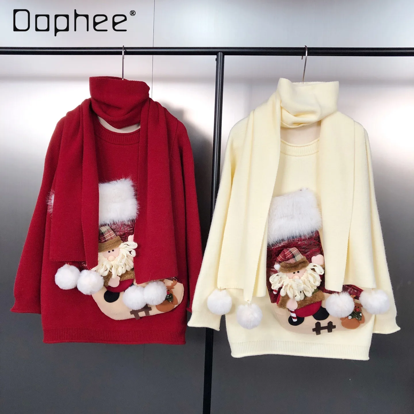 Носки с Санта-Клаусом, карманная атмосфера, новогодний красный теплый пуловер, свитер с круглым вырезом, зимняя одежда средней длины для женщин