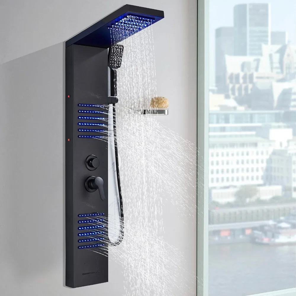 

Black LED Shower Panel Tower System Rain&Waterfall Shower Head Massage Sprayer
