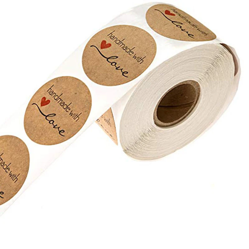 Decor 1 inch Kraft paper Adhesive Vintage Love Heart Labels 1 roll Crafts Sticker 500pcs Thanks Card Scrapbook