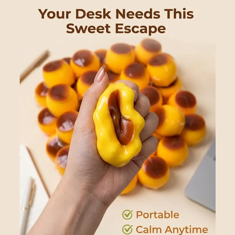 Bola de Apertar em Formato de Pudim, Crocante de Caramelo, Artesanal, Macia, Portátil, Acessório DIY Anti-stress e Brinquedo Fofo para Mesa