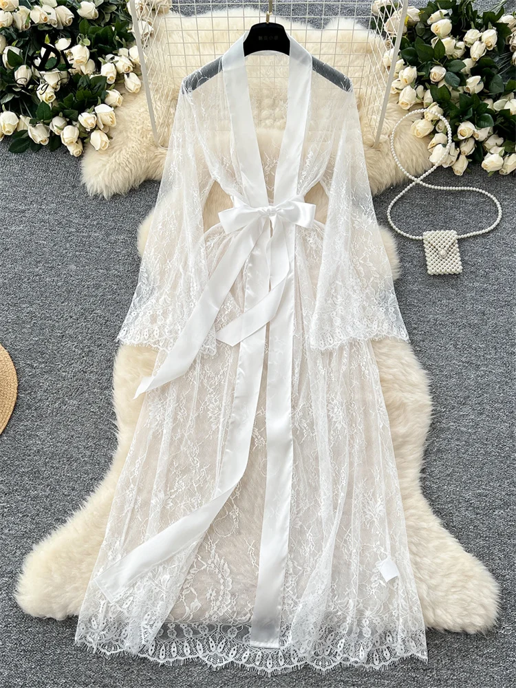 SINGREINY Elegant Sheer Caridigan Long Robes Female Lace Up Solid Long Sleeve Robes Fashion Women Transparent Lace Sensual Robes