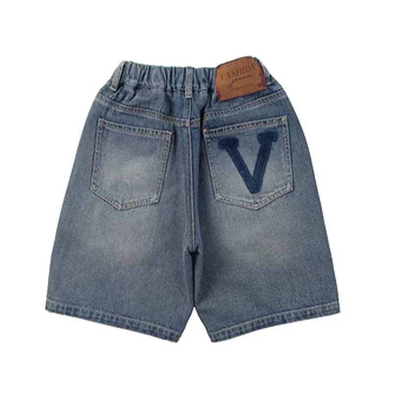 موضة الدنيم السراويل للبنين المراهقين الاطفال مرونة الخصر البضائع جان سراويل قصيرة إلكتروني التطريز للأطفال سن 5-14Y