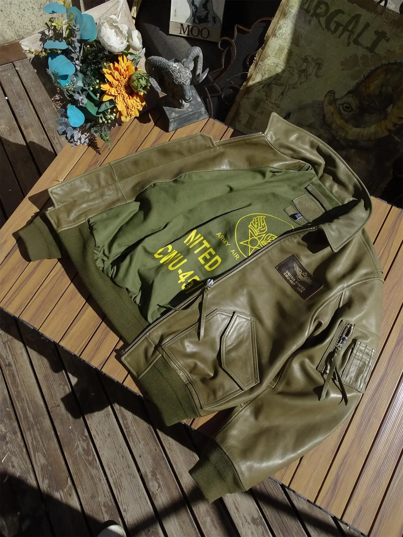 الرجال الأمريكيين جلد البقر الحقيقي معطف جلد طبيعي حقيقي سترة قصيرة عادية النمط العسكري الأخضر ربيع الخريف القماش الذكور