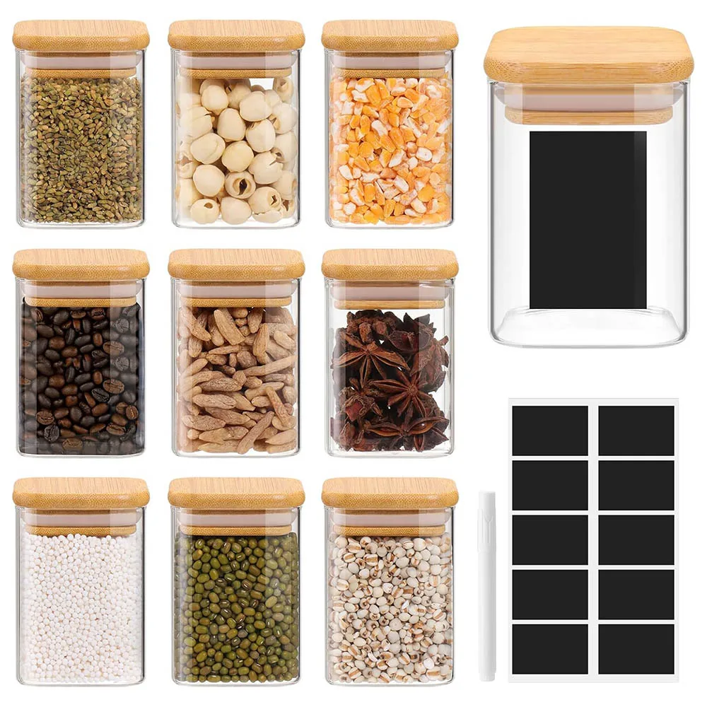 12 Pcs Square or Round Glass Food Storage Containers Glass Seasonning Jars with Bamboo Lid Printed Labels Kitchen Organization