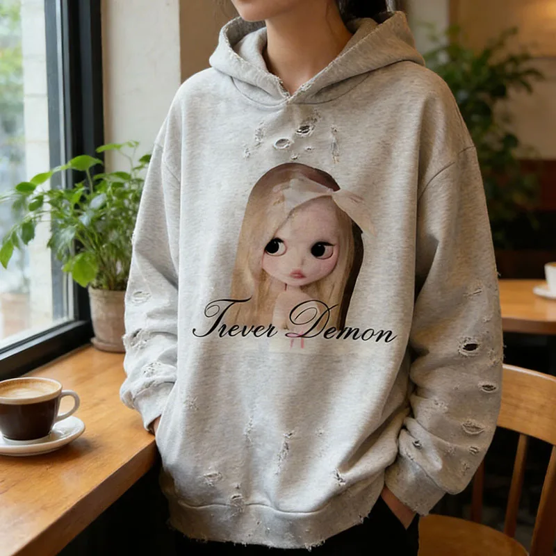 

Эстетический повседневный свободный пуловер с длинными рукавами, модные осенне-зимние толстовки с отверстиями в готическом стиле, забавный мультяшный принт, толстовки для пожилых женщин