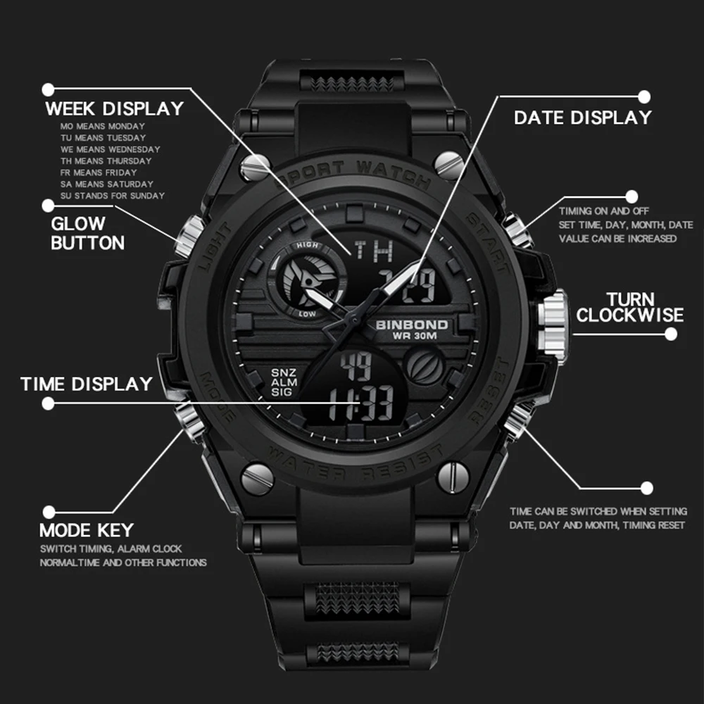 BINBOND Men\'s Watch Waterproof  Sport Digital Wristwatch for Man Date Week Alarm Luminous Multifunctional Big dial Watch Fashion