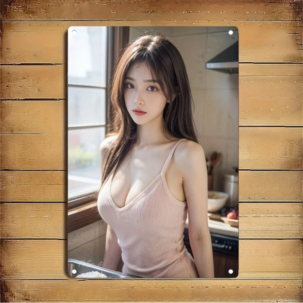 Sexy Asian Woman In Pink Tank Dress High Definition Tin Sign Kitchen Background Wall Art Decoration