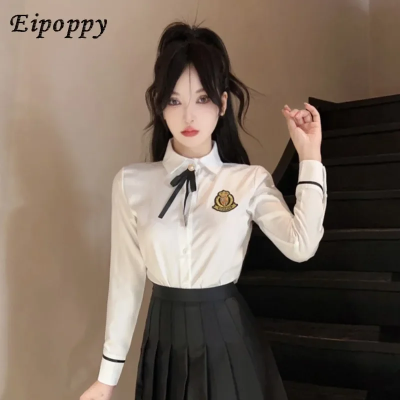 Fall Long Sleeve White Shirt Women's British College Style School Uniform Shirt Bow Tie Anti-Aging Top