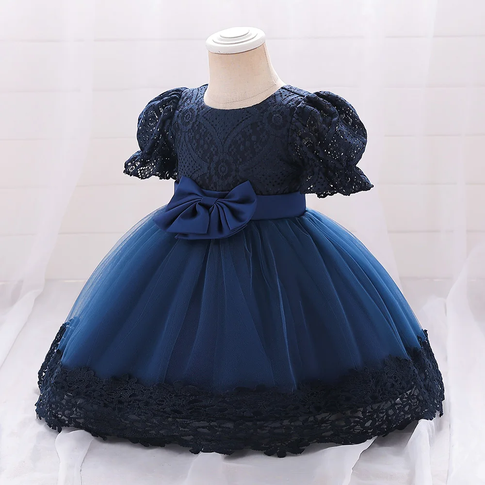 Toddler Bow Baby Girls Party Dresses Short Sleeve Lace 1st Birthday Flower Princess Kids Dress for Girls Wedding Evening Costume