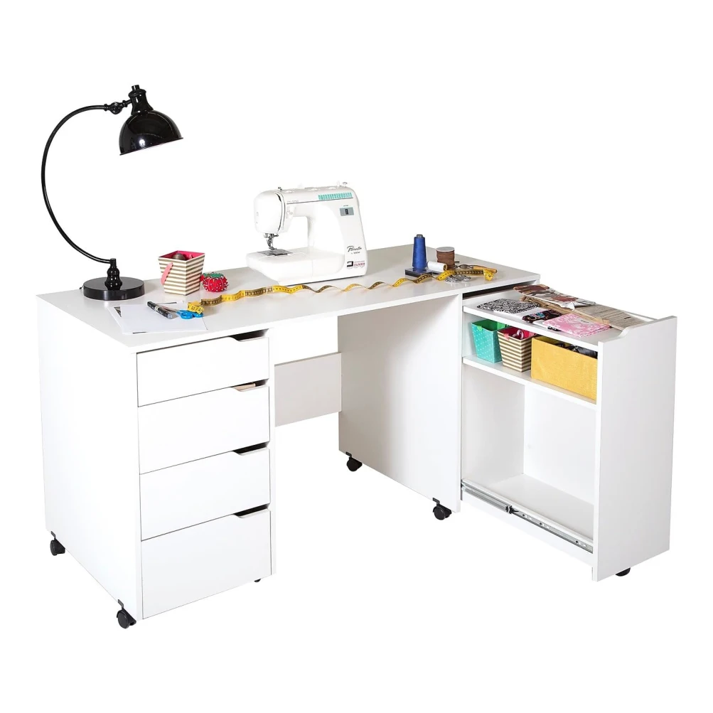 Sewing Craft Table with Storage Drawers and Scratchproof Surface, Pure White