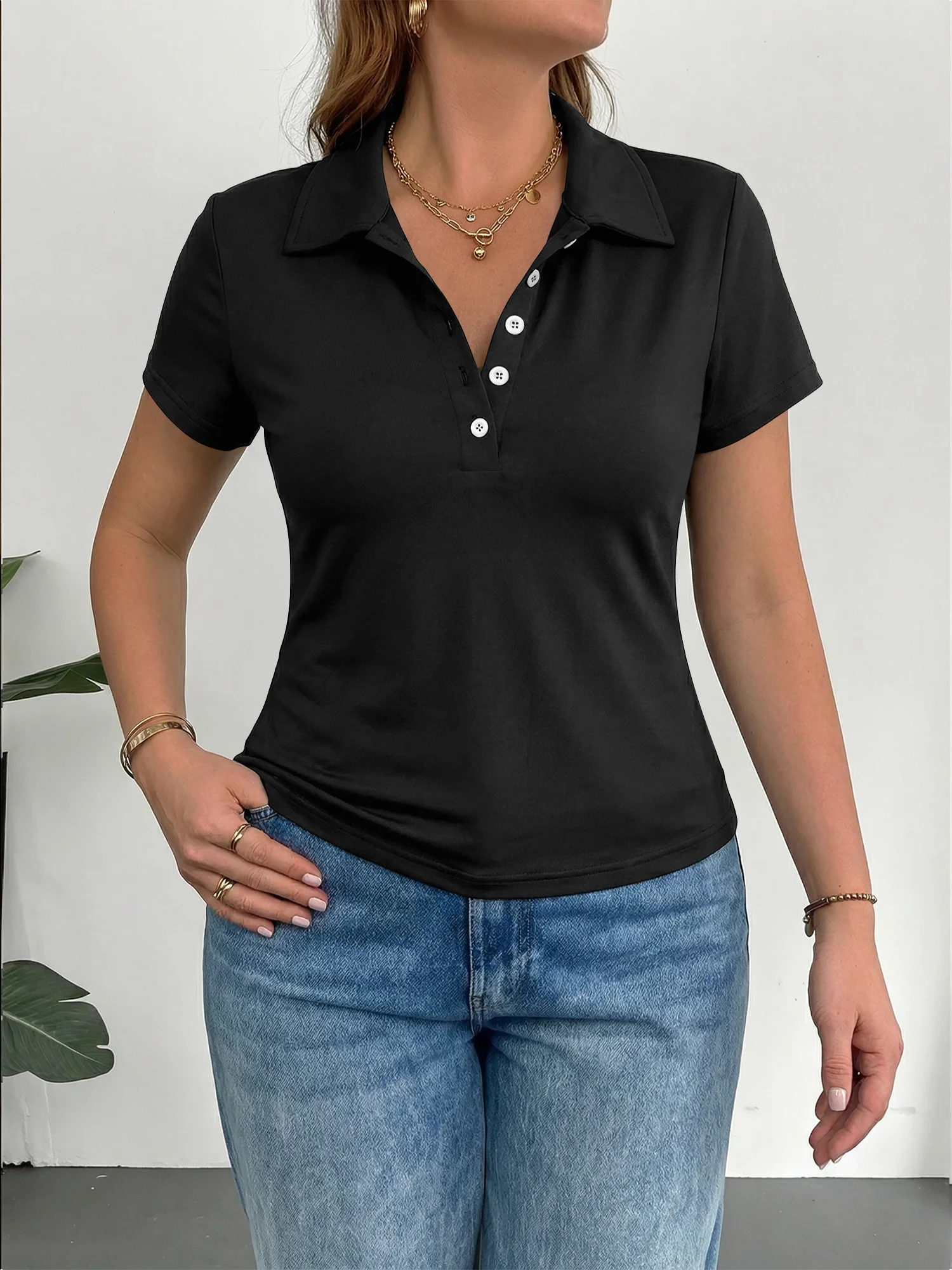 Ladies Summer Short Sleeve Lapel Polo Shirts Half Placket Buttons Slim Fit Solid Color Tees Casual Street Daily Wear Tops