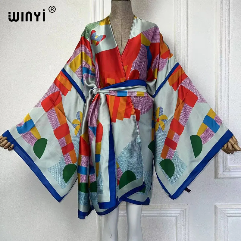 WINYI Kimono letnia odzież plażowa damska 2024 kardigan Boho Maxi afrykańska wakacyjna z długim rękawem jedwabna sukienka okrycie plażowe