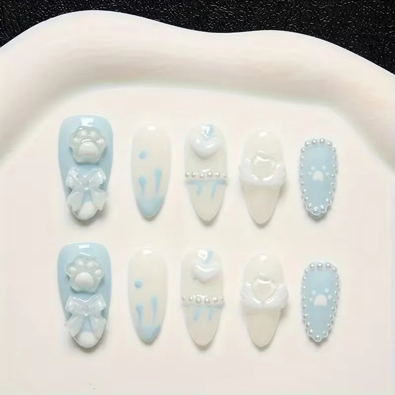 10 pieces of almond-shaped blue and white cute bow cat paw pearl heart-shaped flower accessories
