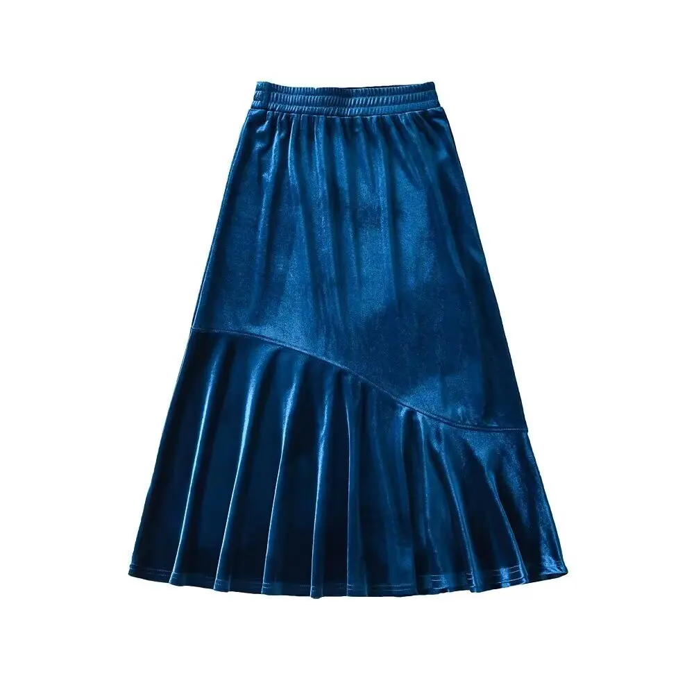 

Spring New Sle Women's High Waist Velvet Patchwork Skirt Slimming A-Line Midi Skirt Elastic Waist Irregular Hem Fi Tail S...